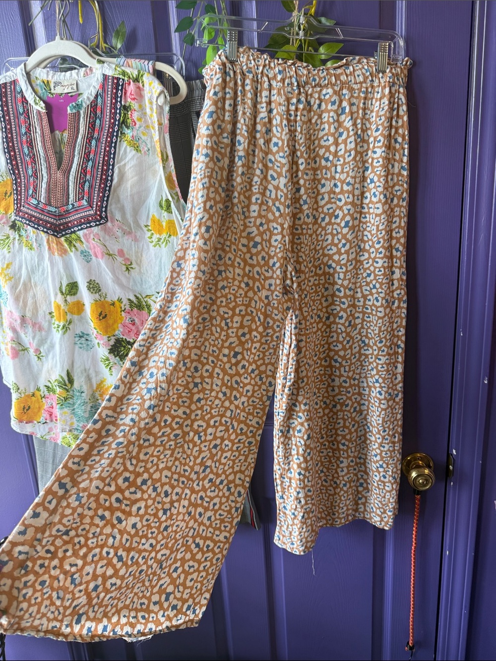 entro Beige Leopard-Print Wide Leg Pants with Light Blue Accents